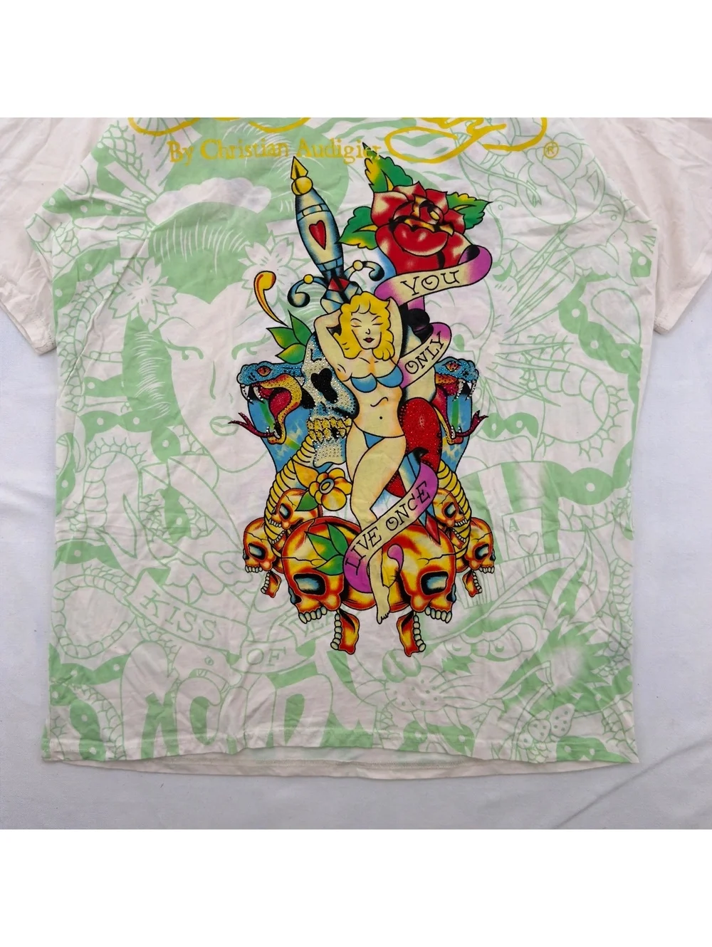 Vintage Ed Hardy Christian Audigier All Over Print T-Shirt 3XL White Green RARE